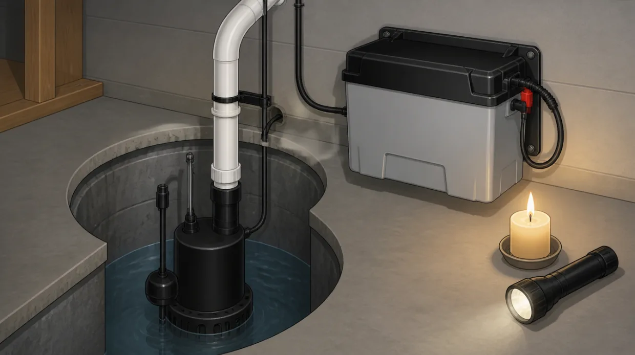 Battery backup sump pump system illustrated during a power outage scenario