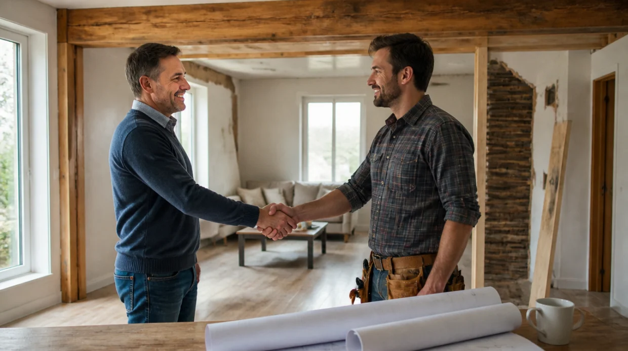 Homeowner and contractor agreeing on a properly engineered load bearing wall removal project