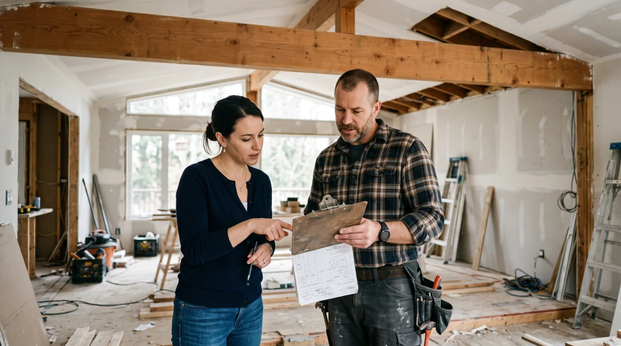 Contractor reviewing an itemized load bearing wall removal quote with a homeowner
