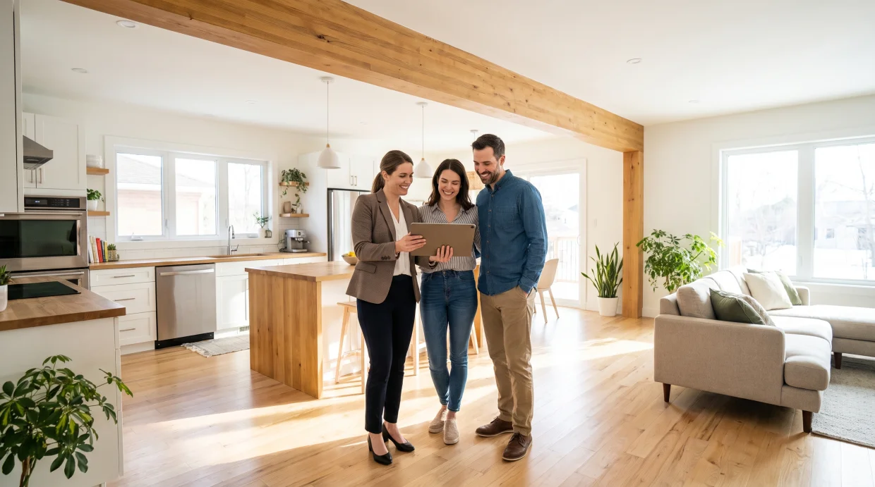 Real estate agent and homeowners reviewing home value in an open concept renovated space