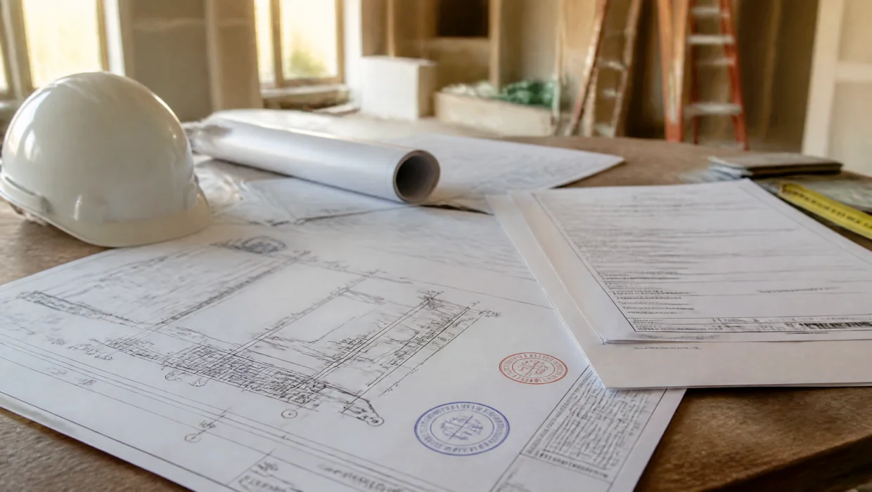 Structural engineering drawings and building permit documents for a load bearing wall removal project