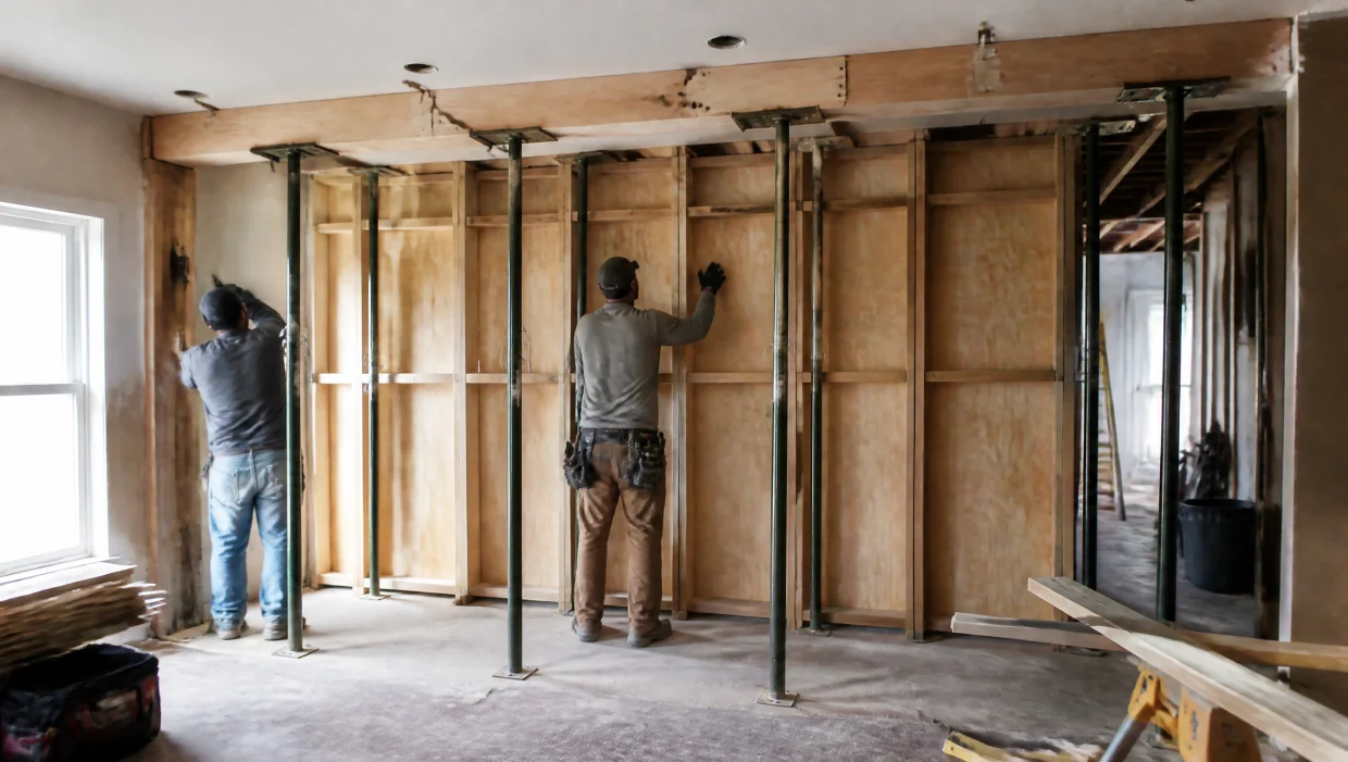 Temporary shoring installed before load bearing wall removal in a Toronto home