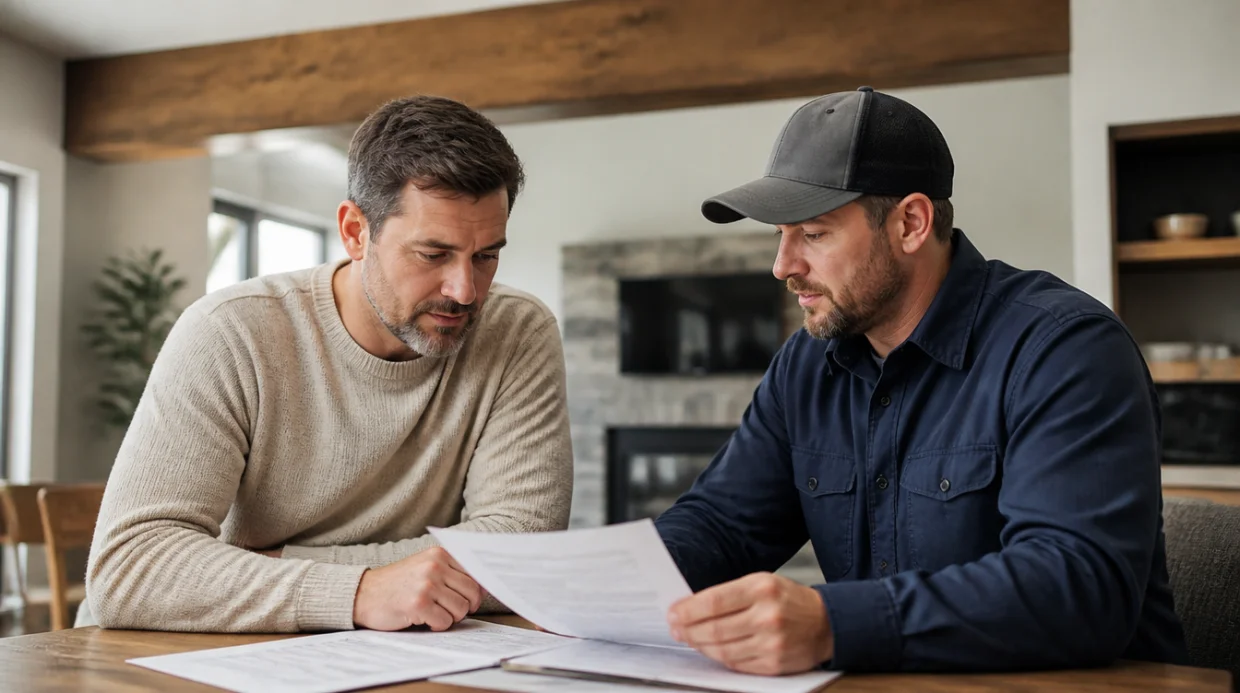 Homeowner reviewing a load bearing wall removal warranty and permit documentation with a contractor