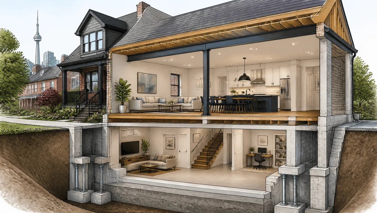 Illustration showing combined basement underpinning and load bearing wall removal in one home renovation