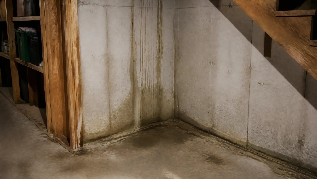 Basement corner showing early signs of groundwater moisture near the foundation
