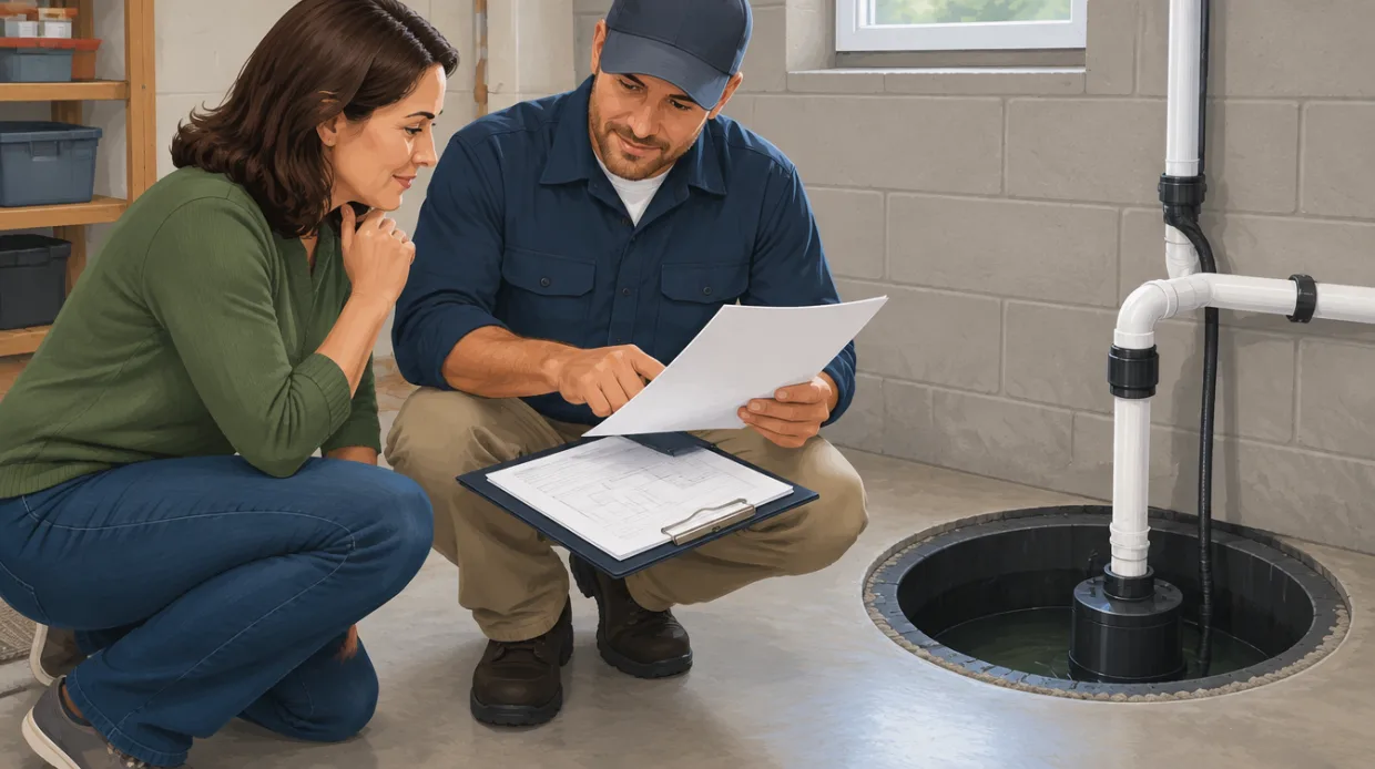 Homeowner and contractor reviewing a sump pump installation quote and permit