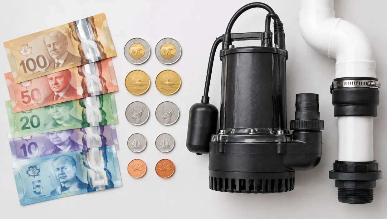 Sump pump installation cost illustration with pump parts and Canadian currency