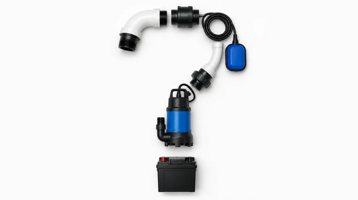 Sump pump installation FAQ illustration made from plumbing and pump components