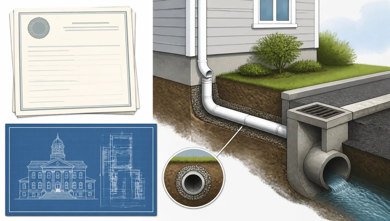 Illustration of permit paperwork and proper sump pump discharge routing to a storm drain