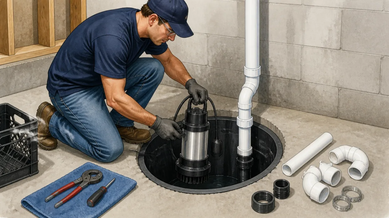 Contractor installing a submersible sump pump system into a basement pit