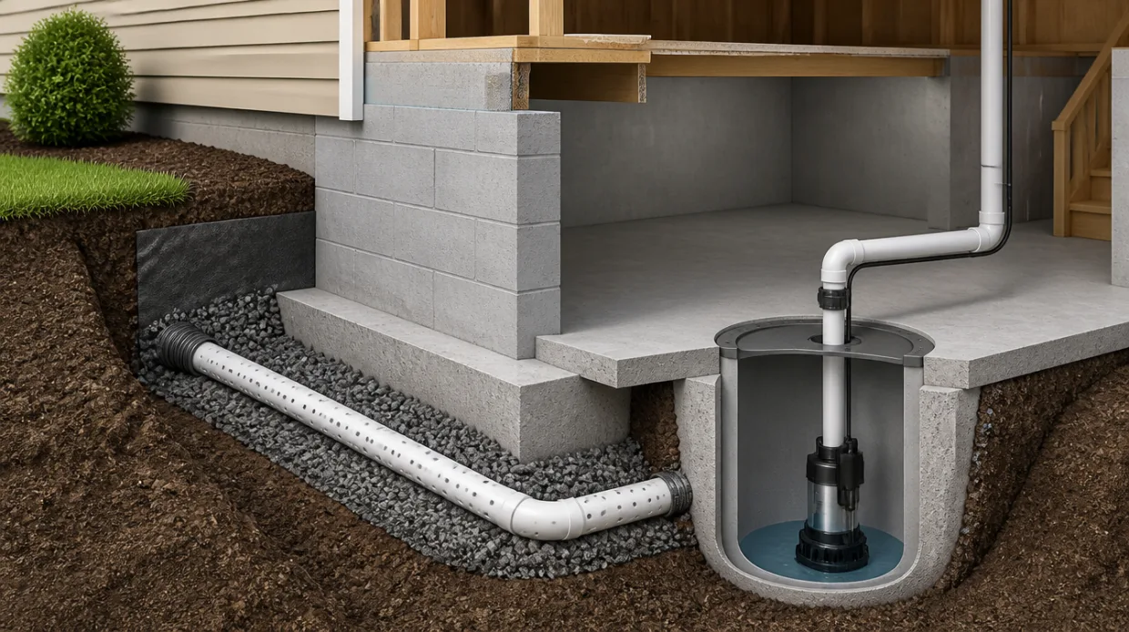 Cutaway illustration showing weeping tile connected to a sump pump system