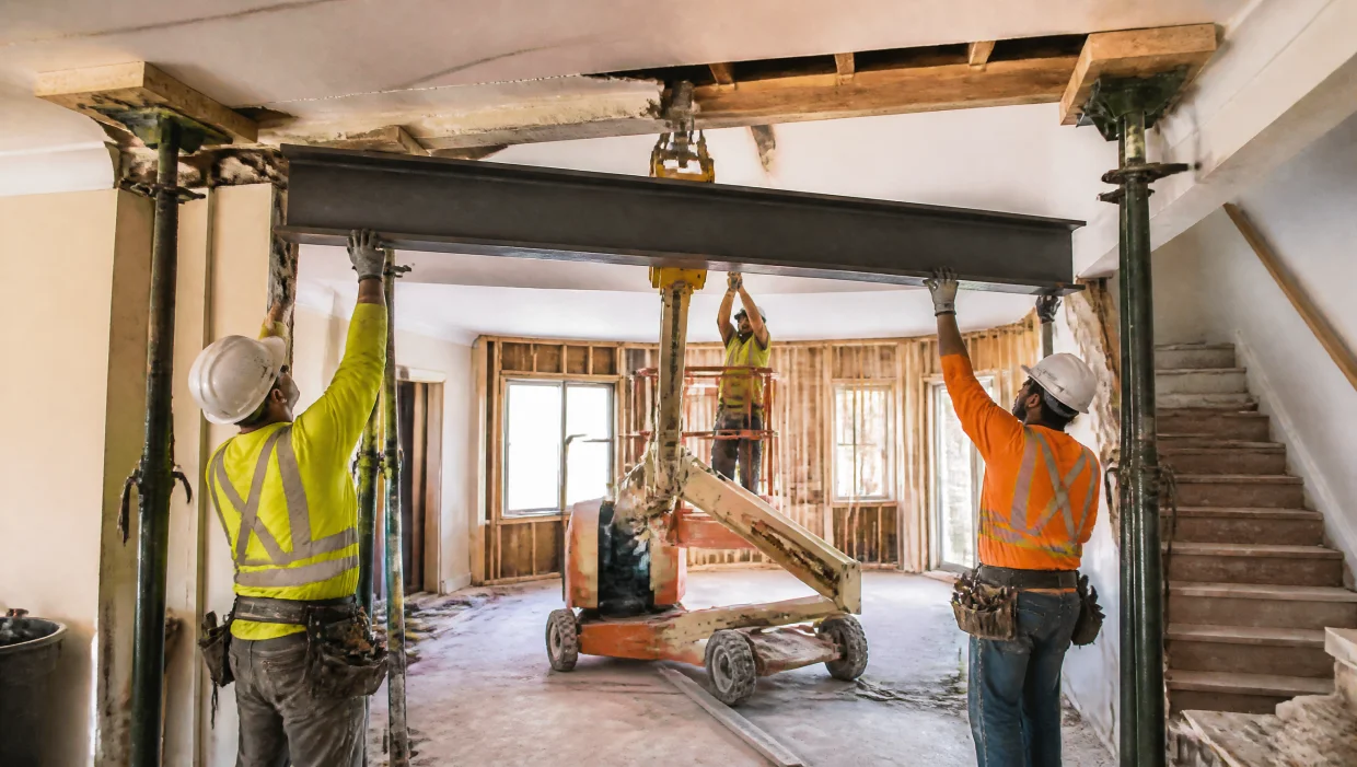 Workers installing a permanent steel beam during load bearing wall removal