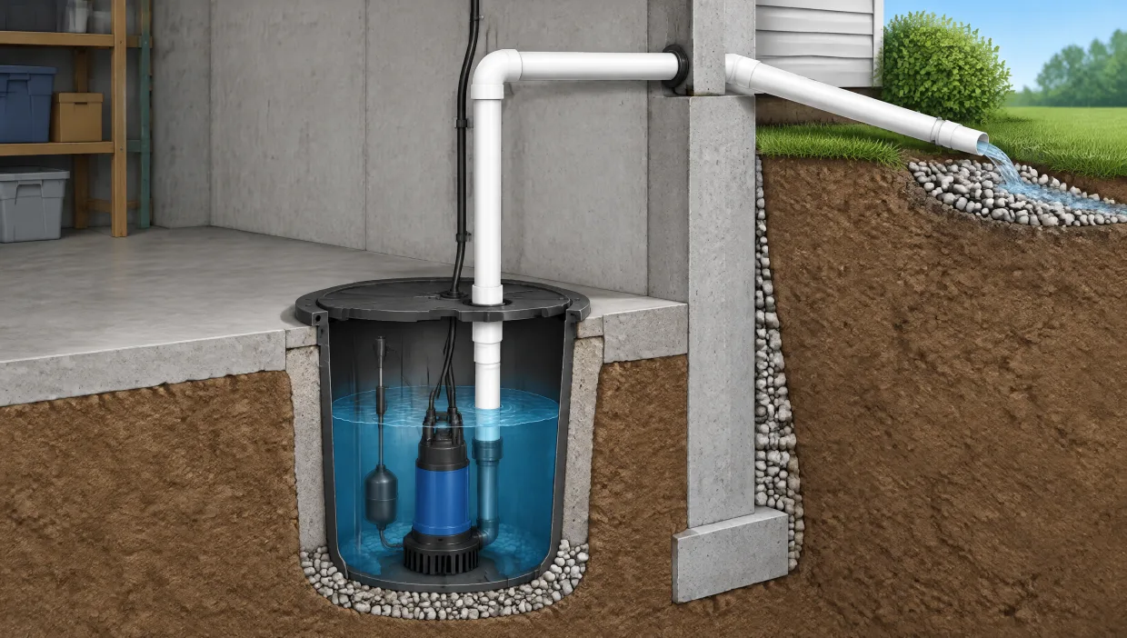 Cutaway illustration of a residential sump pump pit, pump, and discharge line system