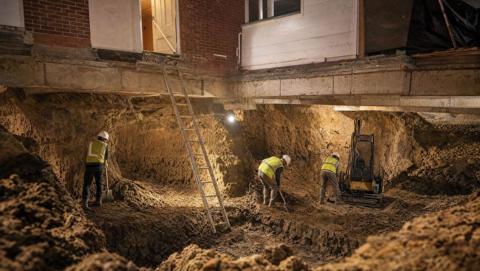 Basement lowering excavation in progress at a Toronto home