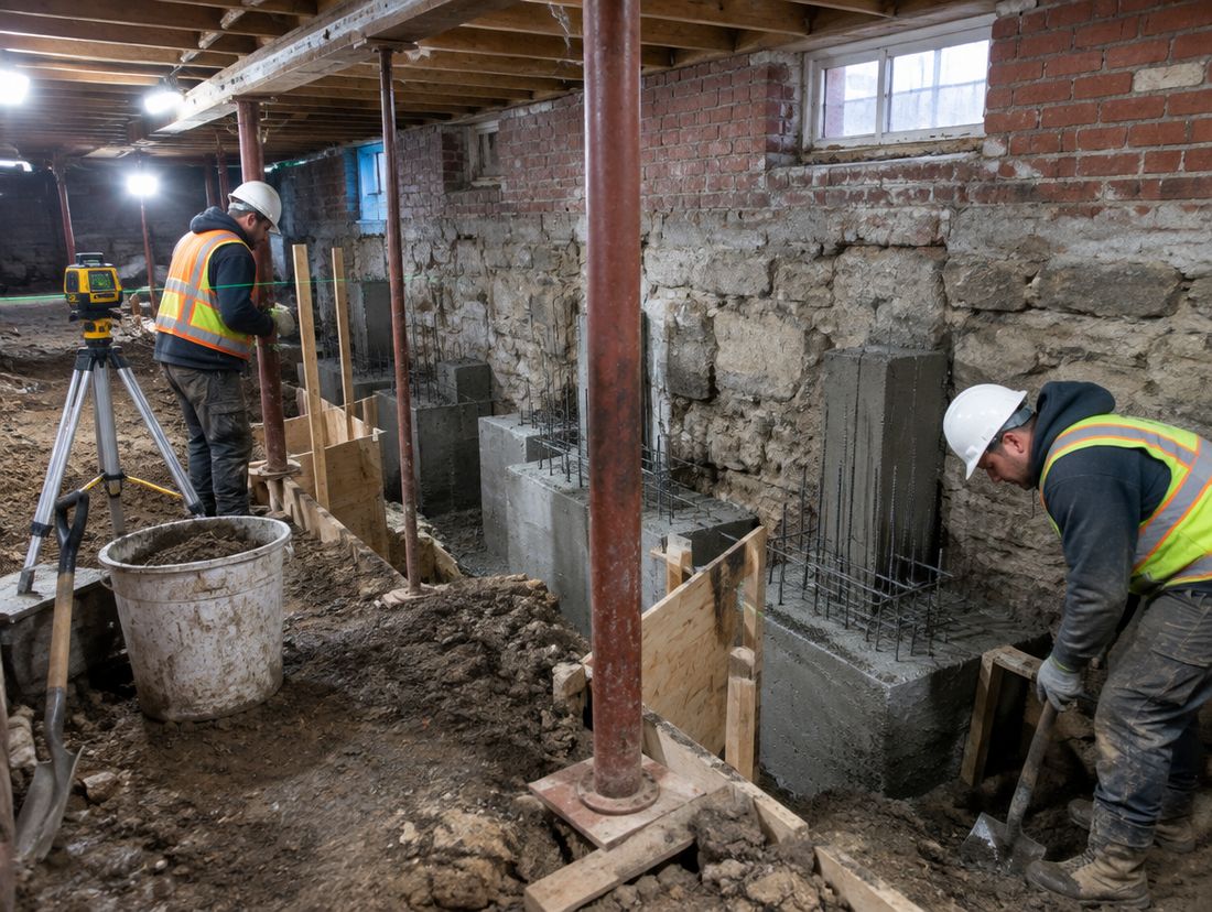 Basement underpinning crew pouring concrete footings beneath a stone foundation wall in a Toronto home