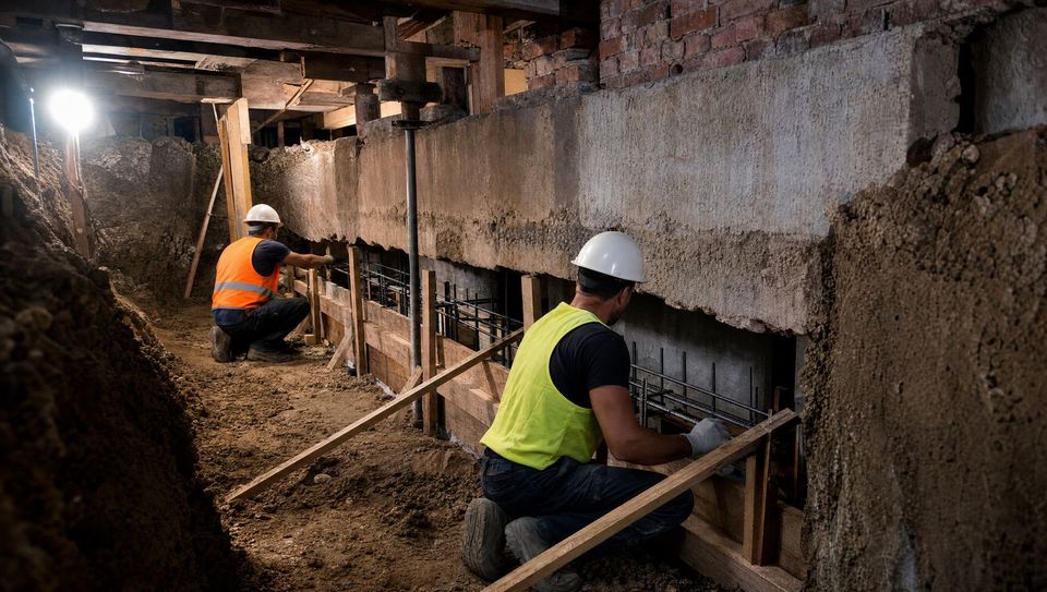 Underpinning crew working beneath a foundation wall in a Toronto basement