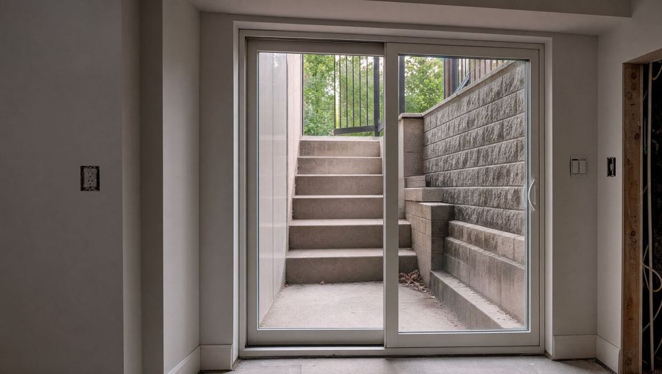 Finished basement walkout with sliding door and stairs in a Toronto home