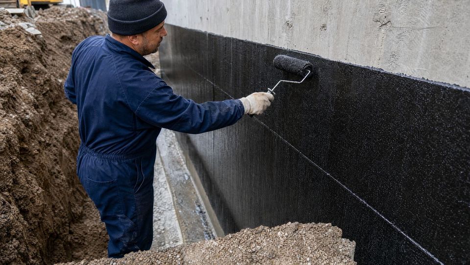 Waterproofing membrane being applied to a Toronto foundation wall