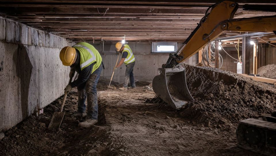 Crawl space excavation with machine and crew in a Toronto basement
