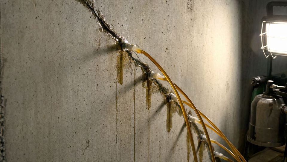 Foundation crack with epoxy injection ports for structural repair in Toronto